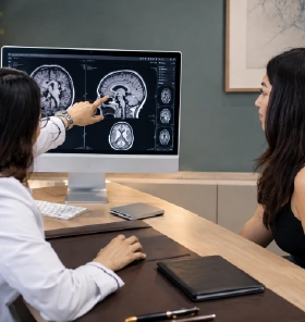 Estimulación cerebral profunda (DBS) para Parkinson y temblor | Dra. Gabriela Lira – Zapopan Neuróloga revisando imágenes cerebrales durante una valoración neurológica para estimulación cerebral profunda (DBS).
